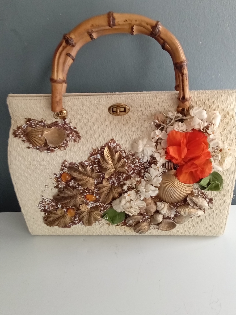 Cream Floral & Shell Embellished Satchel with Bamboo Handles